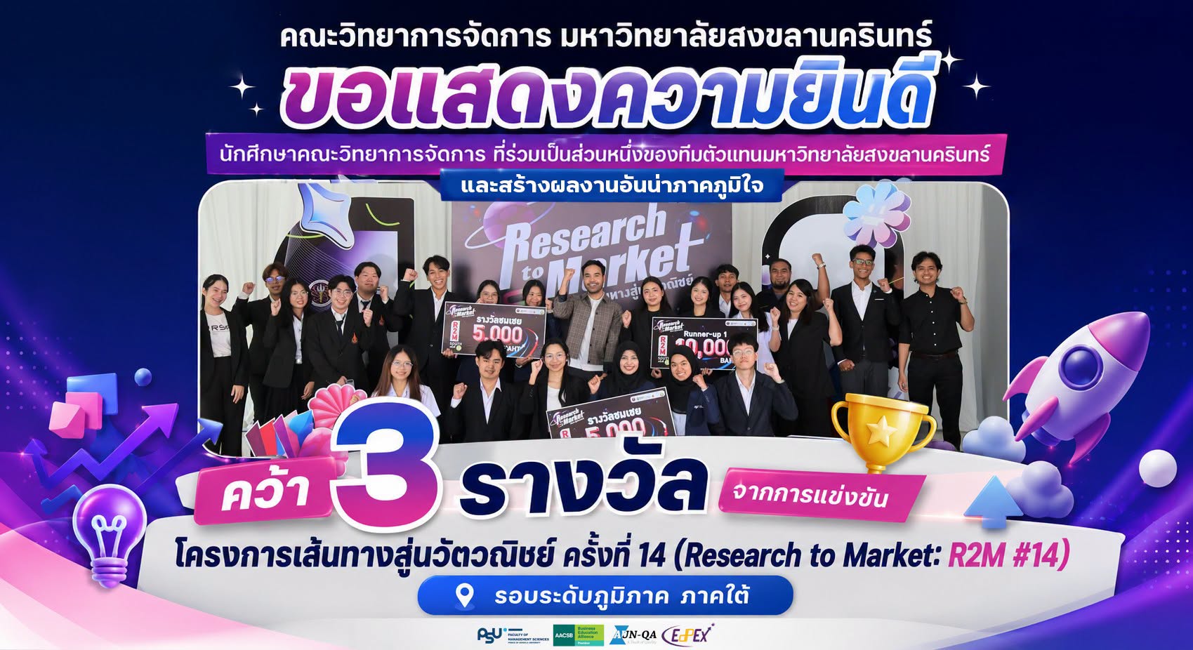 ขอแสดงความยินดี กับนักศึกษาคณะวิทยาการจัดการ คว้า 3 รางวัล จากการแข่งขัน โครงการเส้นทางสู่นวัตวณิชย์ ครั้งที่ 14 (Research to Market: R2M #14)